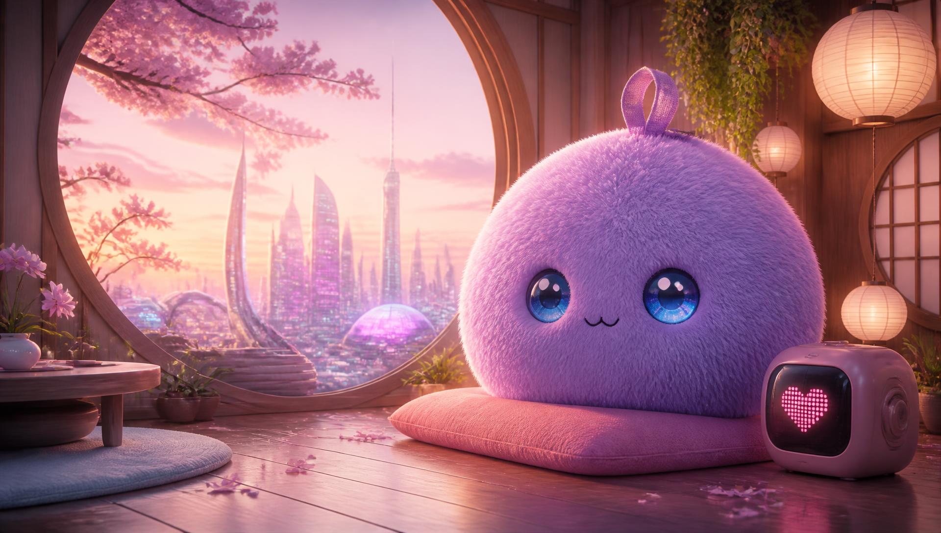 Peluche IA Kumii lavande dans une pièce japonaise futuriste au coucher du soleil